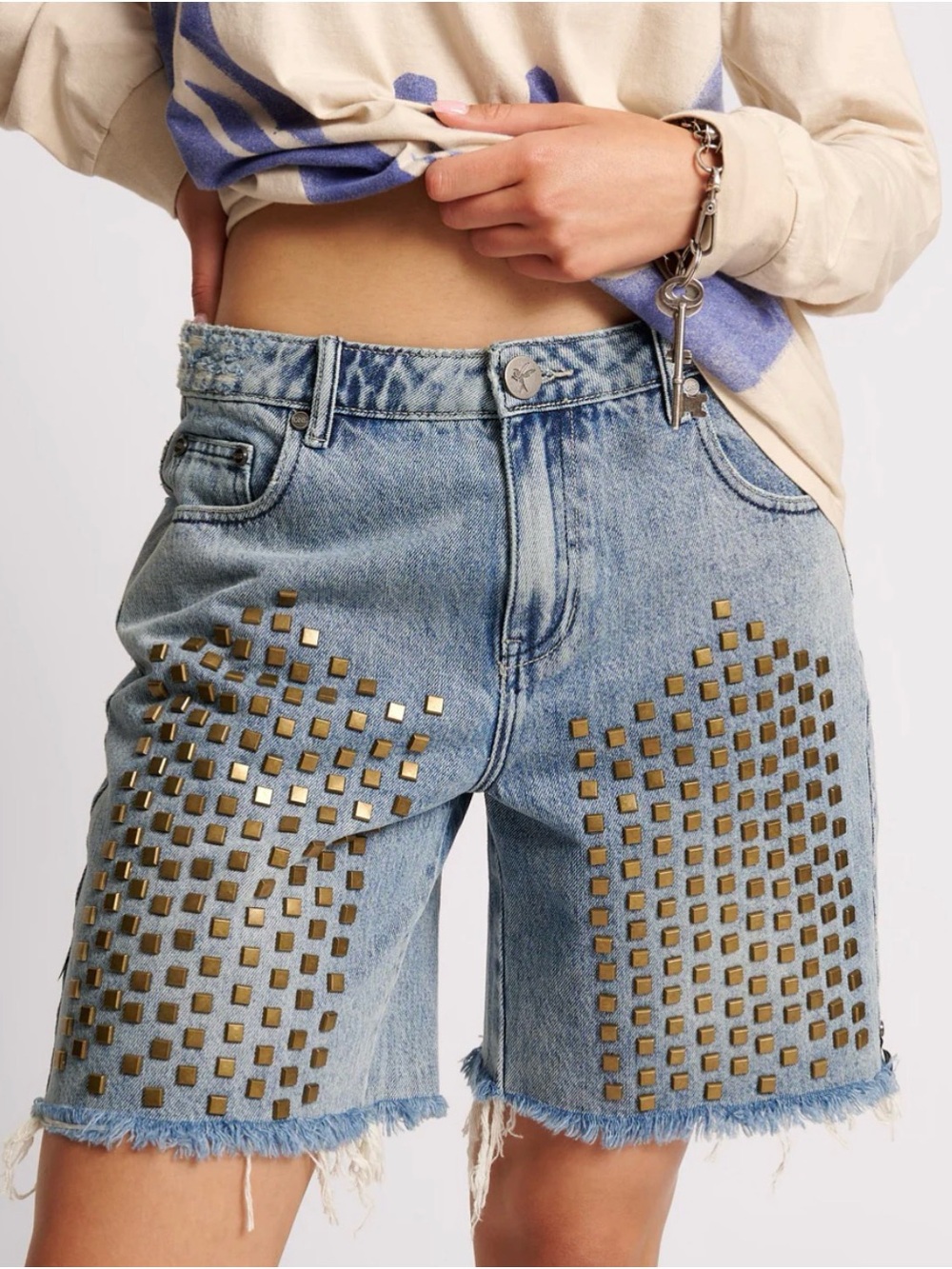 One Teaspoon Light Blue Denim Shorts with Gold Square Studs